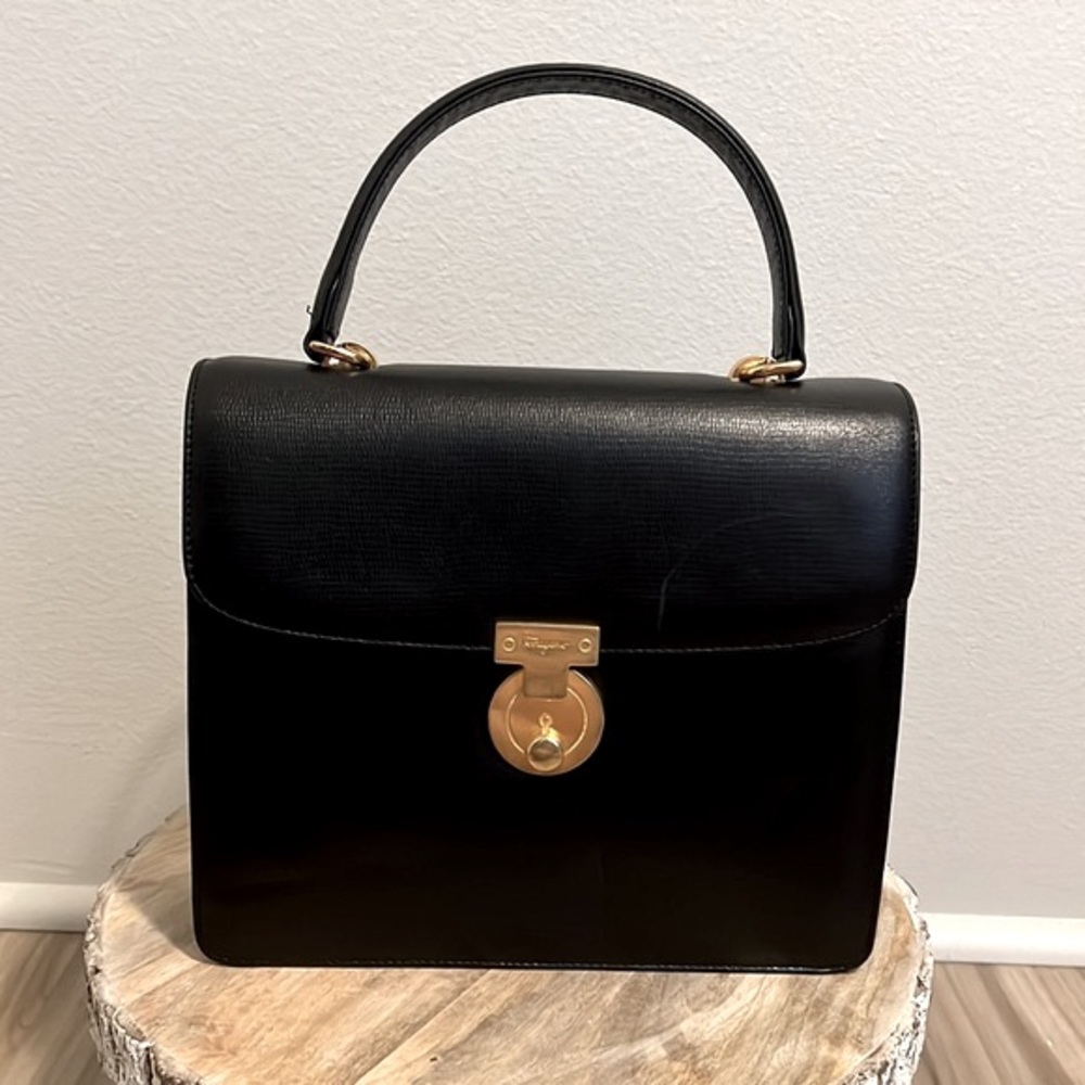 Salvatore Ferragamo Handbag Purse, Size Medium, Black-Gold